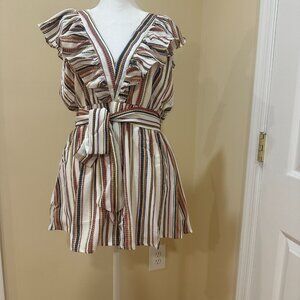 NWT Moon River Cream Striped Ruffle Playsuit Romper Sz L Sleeveless Boho Summer